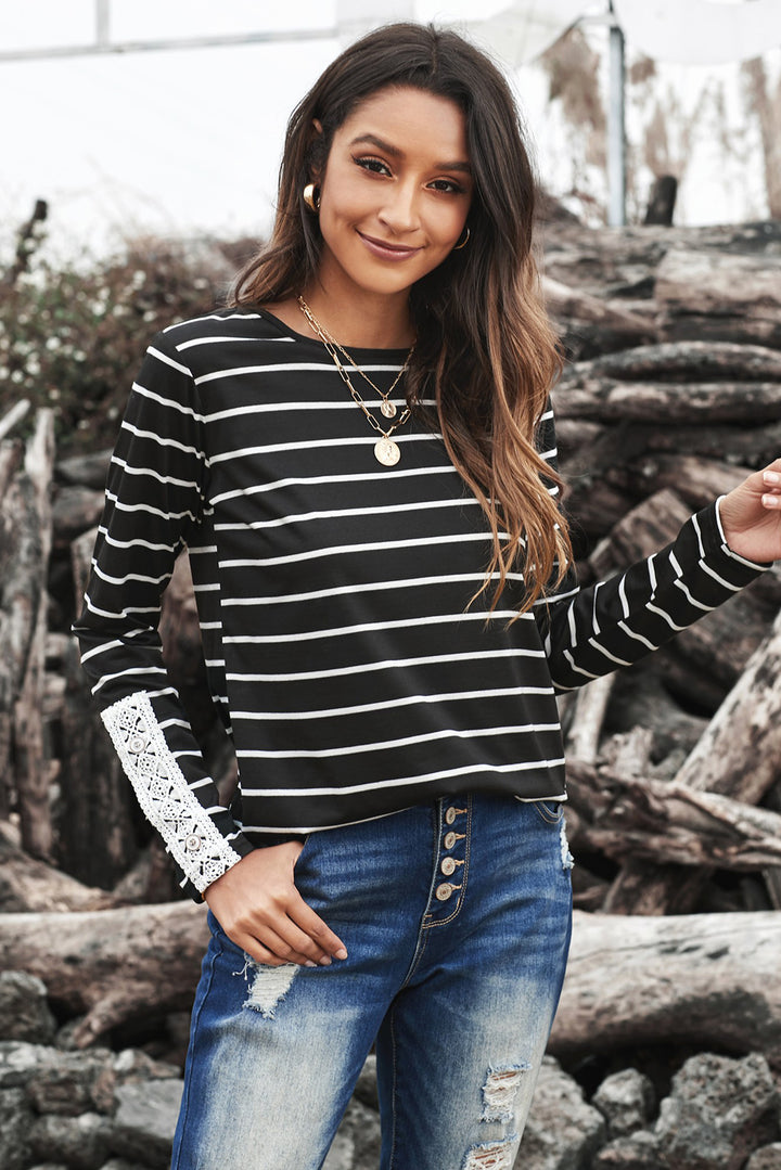 Striped Lace Button Detail Top | 1mrk.com