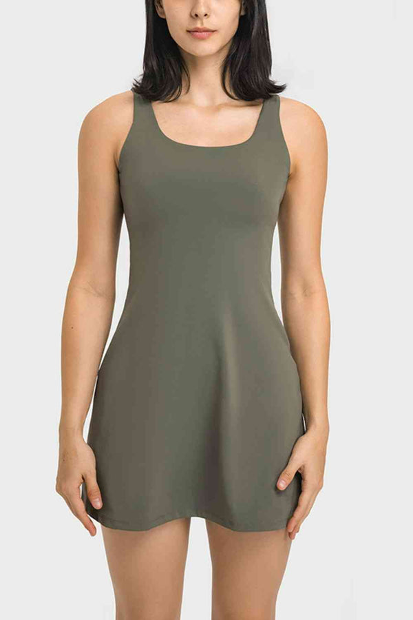 Square Neck Sports Tank Dress with Full Coverage Bottoms |1mrk.com