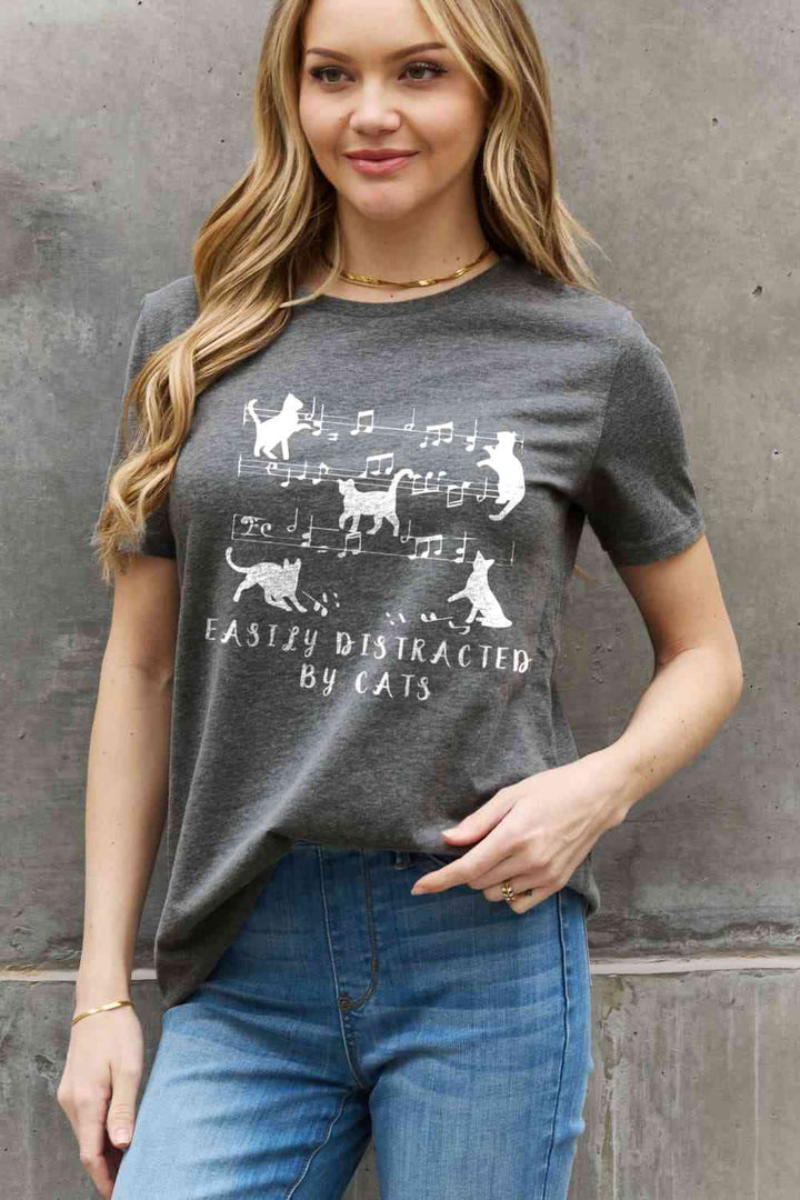 Simply Love Full Size EASILY DISTRACTED BY CATS Graphic Cotton Tee | 1mrk.com