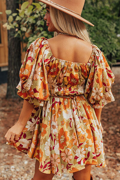 Floral Square Neck Mini Dress |1mrk.com