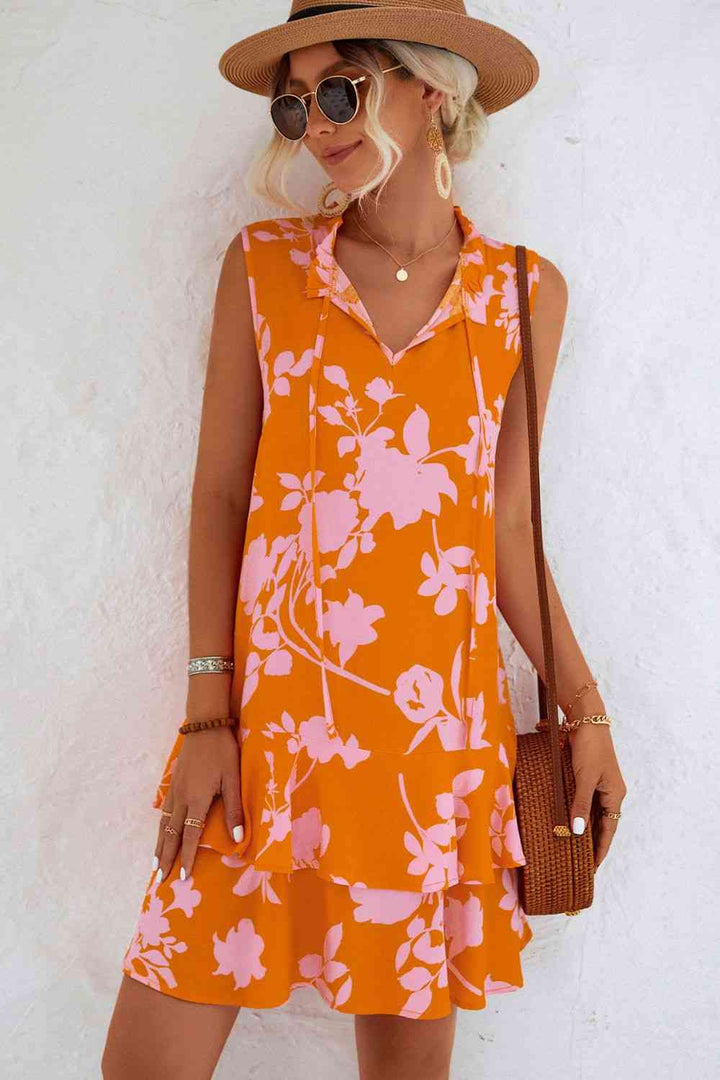 Floral Tie Neck Sleeveless Layered Dress |1mrk.com