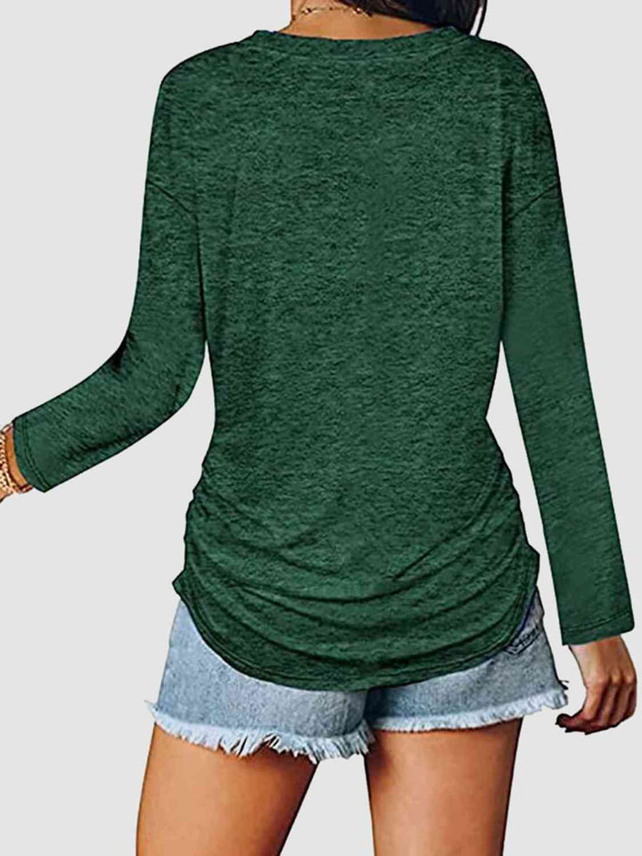 Ruched V-Neck Long Sleeve T-Shirt | 1mrk.com