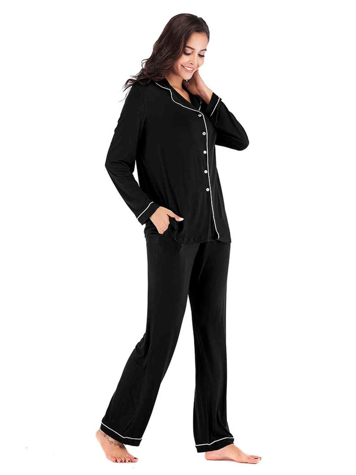 Collared Neck Long Sleeve Loungewear Set with Pockets | 1mrk.com