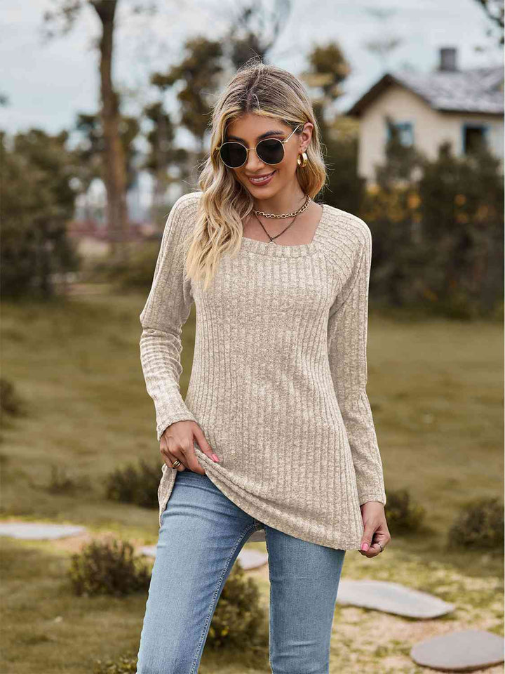 Full Size Ribbed Square Neck Long Sleeve T-Shirt | 1mrk.com