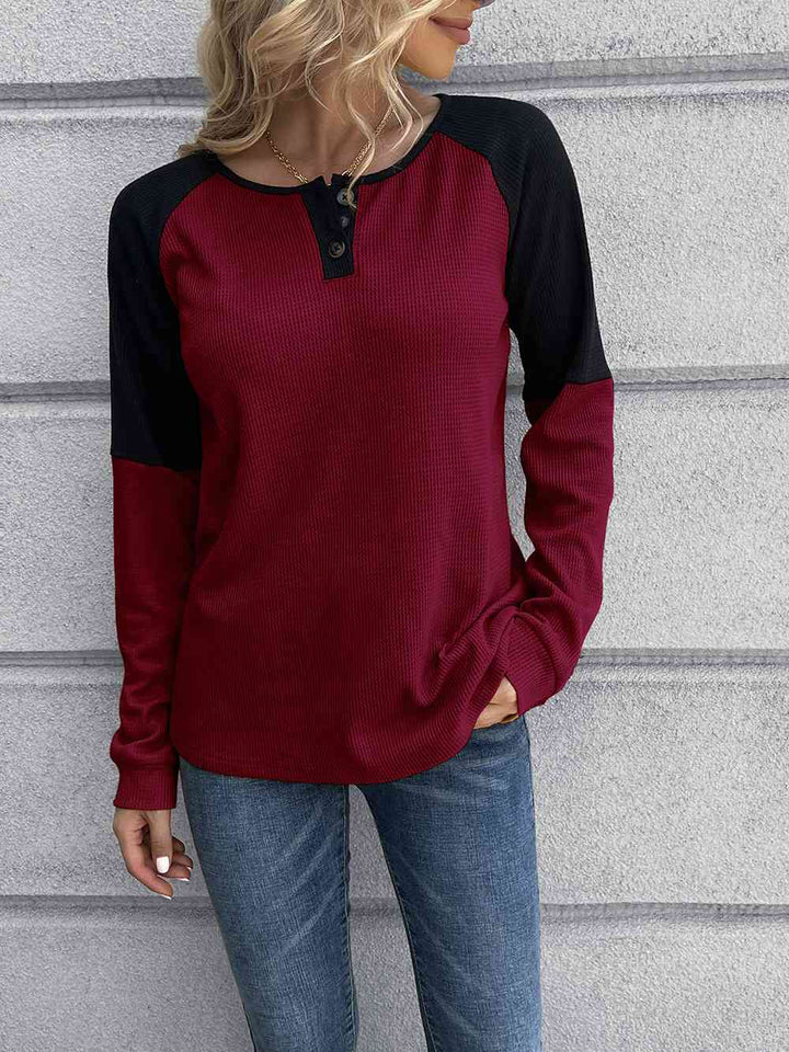 Contrast Buttoned Round Neck Raglan Sleeve Top | 1mrk.com