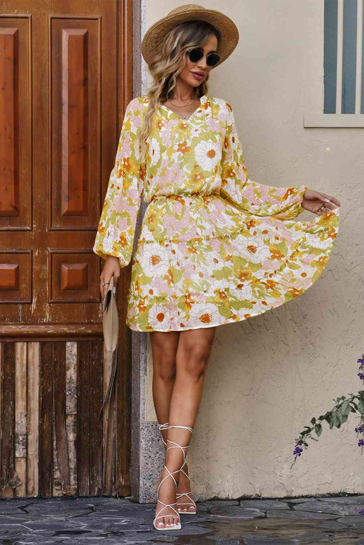 Floral Frill Trim Puff Sleeve Notched Neck Dress |1mrk.com