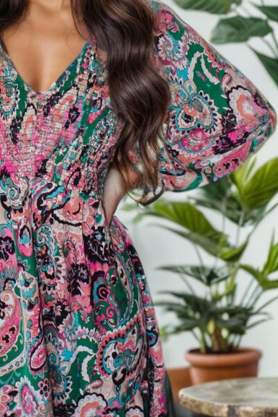 Printed V-Neck Long Sleeve Mini Dress |1mrk.com