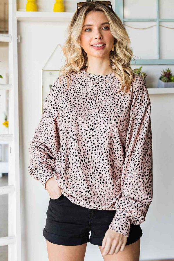 Leopard Print Round Neck Long Sleeve Sweatshirt |1mrk.com