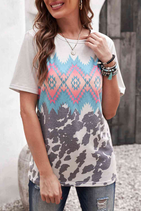 Printed Round Neck Tunic Tee | 1mrk.com