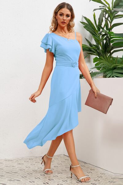 Ruffled Asymmetrical Neck Flutter Sleeve Dress |1mrk.com