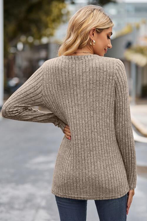 Ribbed Half Button Long Sleeve Knit Top | 1mrk.com