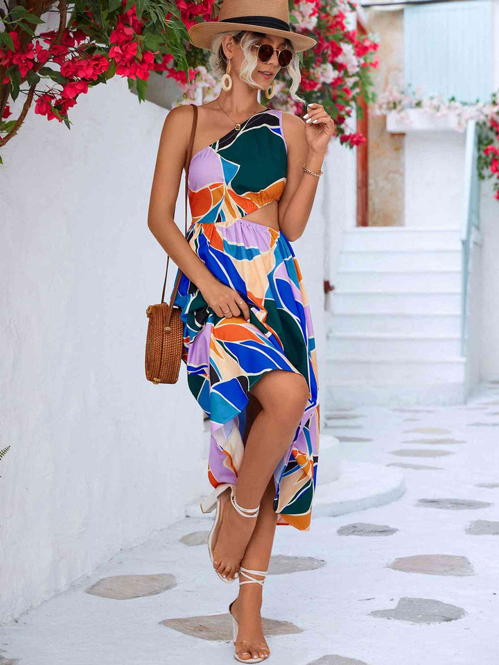 Printed Cutout One-Shoulder Sleeveless Dress |1mrk.com