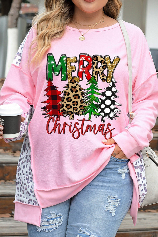 Plus Size MERRY CHRISTMAS Leopard Dropped Shoulder Sweatshirt | Trendsi