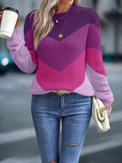 Color Block Round Neck Dropped Shoulder Sweater | Trendsi