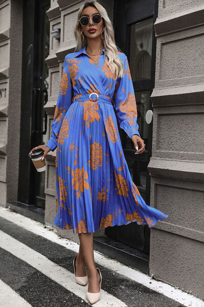 Floral Pleated Surplice Long Sleeve Midi Dress |1mrk.com