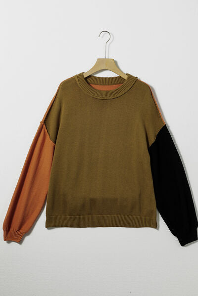 Contrast Round Neck Dropped Shoulder Sweater |1mrk.com