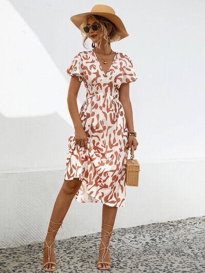 Printed V-Neck Short Sleeve Dress |1mrk.com