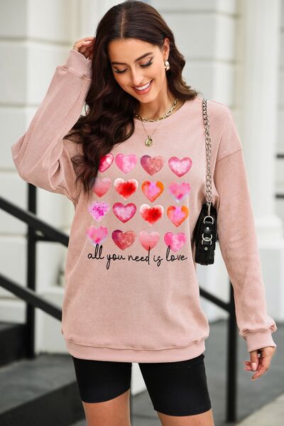 ALL YOU NEED IS LOVE Heart Round Neck Sweatshirt | Trendsi