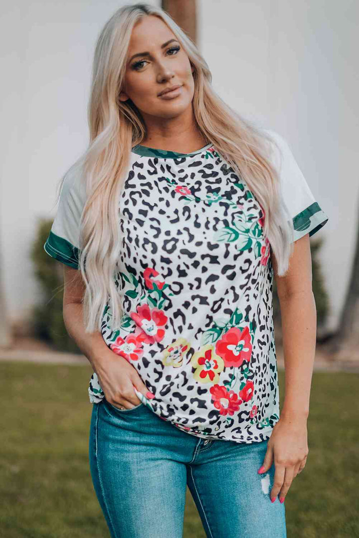 Floral Leopard Short Raglan Sleeve T-Shirt | 1mrk.com