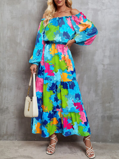 Printed Off-Shoulder Balloon Sleeve Tiered Dress |1mrk.com