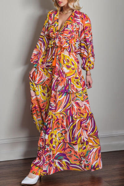 Printed Ruffled V-Neck Tiered Dress |1mrk.com