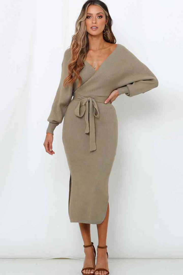 Surplice Neck Bow Waist Slit Sweater Dress |1mrk.com