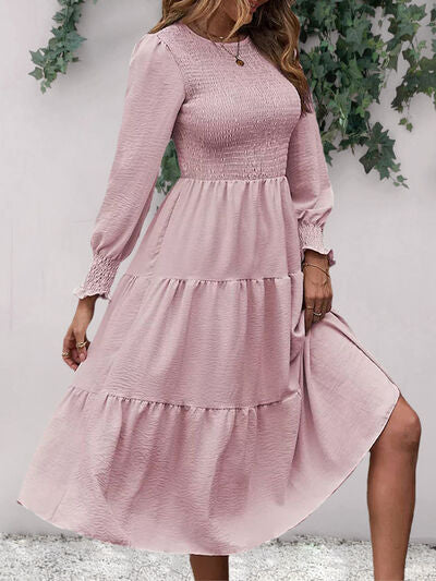 Smocked Round Neck Long Sleeve Midi Dress |1mrk.com