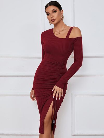 Ribbed Ruched Drawstring Wrap Dress | 1mrk.com