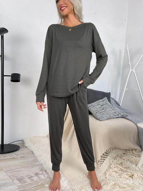 Round Neck Top and Drawstring Pants Lounge Set | 1mrk.com