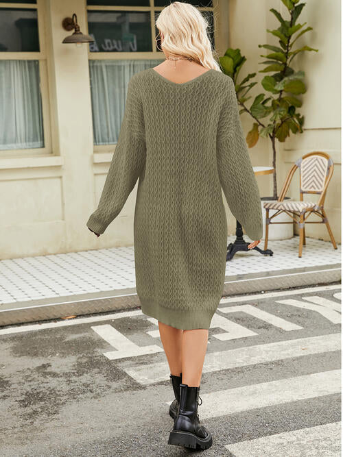V-Neck Long Sleeve Sweater Dress |1mrk.com