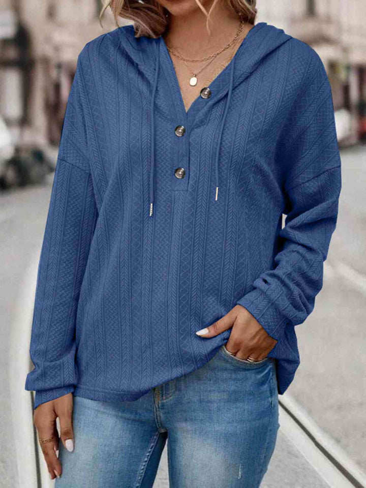 Drawstring Buttoned Drop Shoulder Hoodie | 1mrk.com