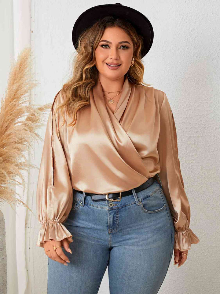 Plus Size Surplice Neck Flounce Sleeve Blouse |1mrk.com