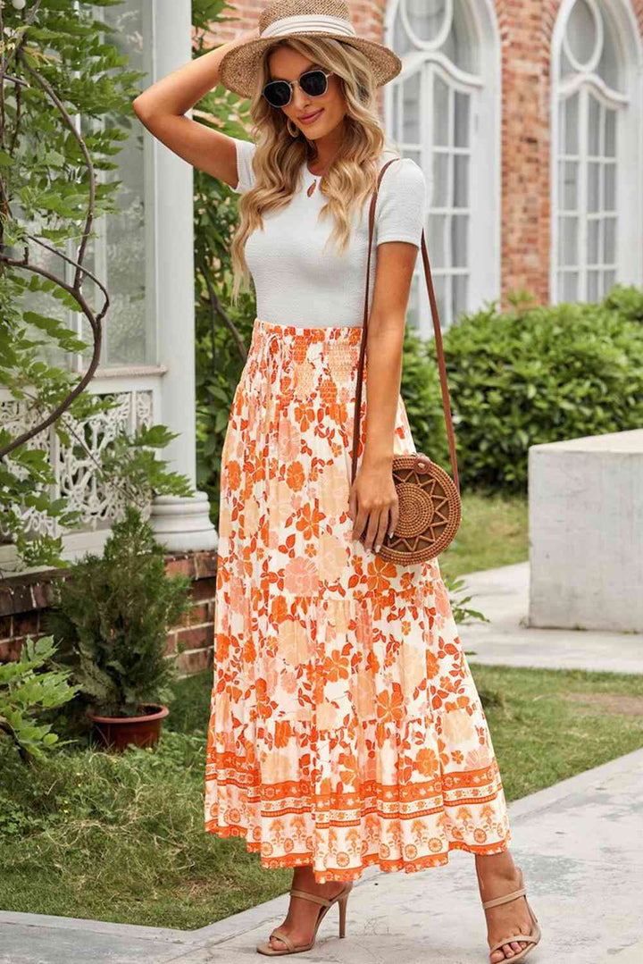 Floral Smocked Tiered Maxi Skirt |1mrk.com