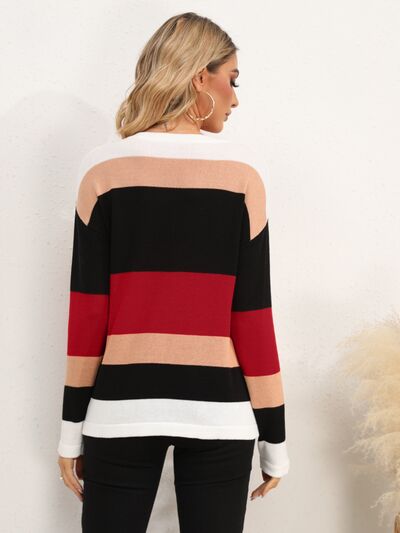 Striped Round Neck Dropped Shoulder Sweater |1mrk.com