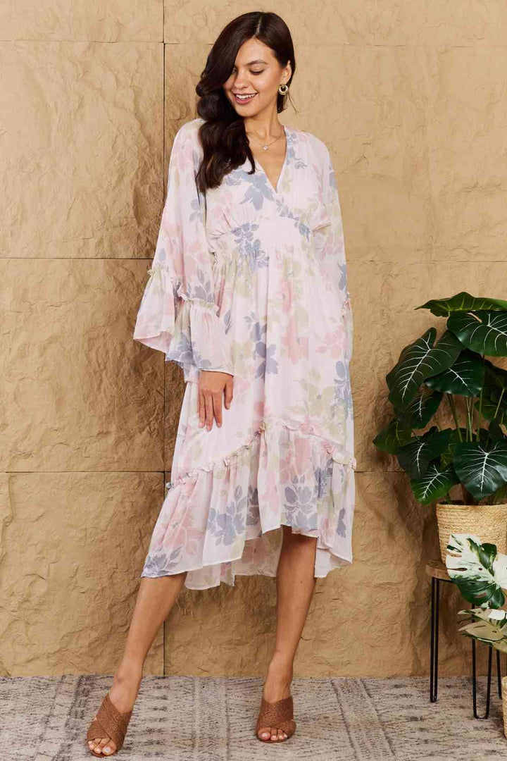 OneTheLand The Right Time Floral Bell Sleeve Midi Dress in Coral | 1mrk.com