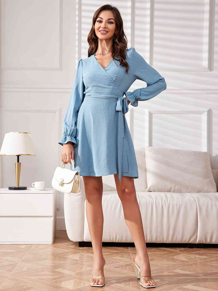 Surplice Neck Tied Flounce Sleeve Dress |1mrk.com