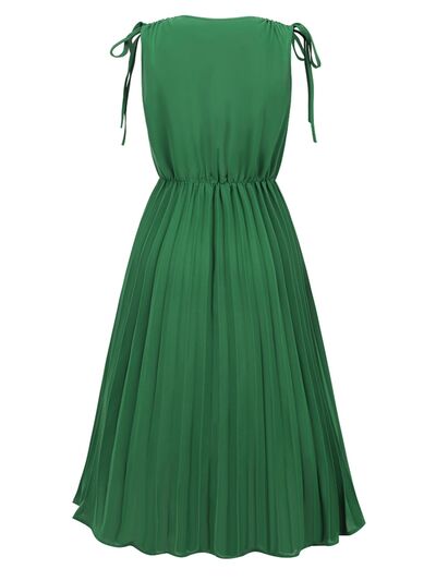 Pleated V-Neck Sleeveless Midi Dress |1mrk.com