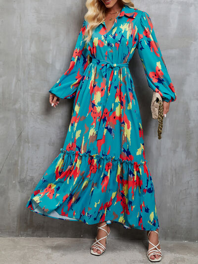 Frill Tied Printed Balloon Sleeve Dress |1mrk.com