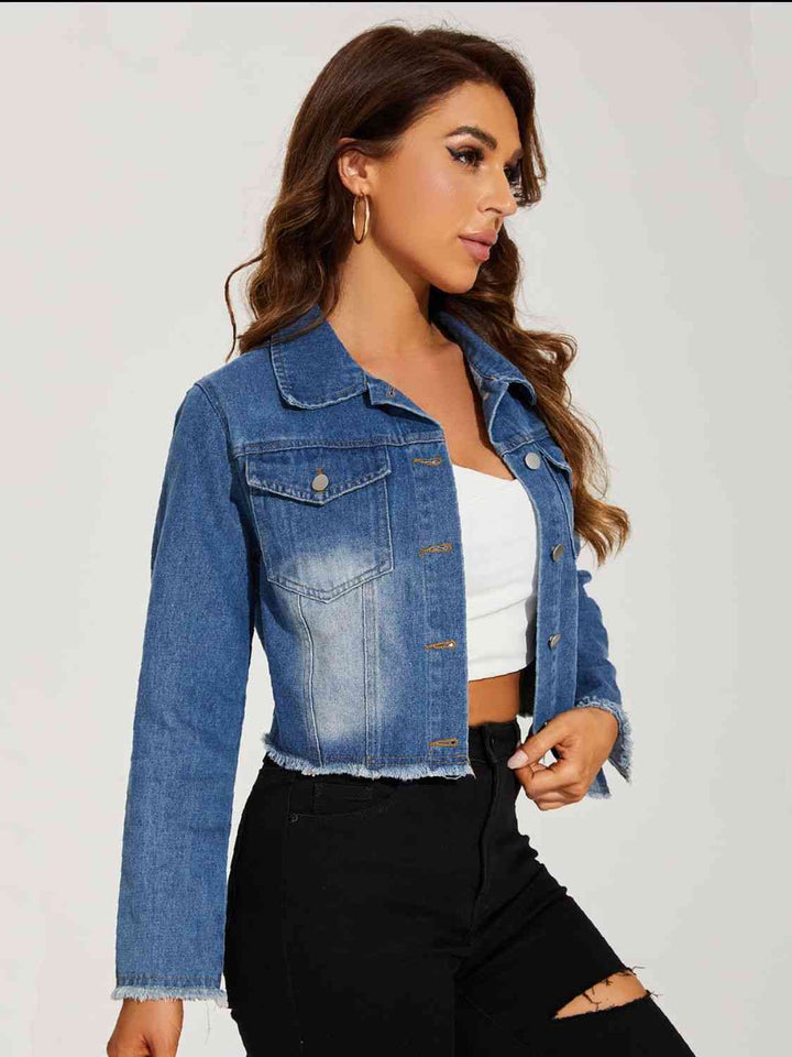 Collared Neck Raw Hem Denim Jacket | 1mrk.com