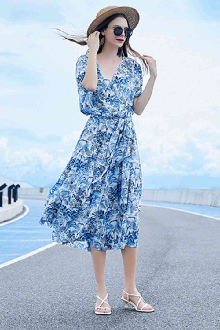 Full Size Belted Surplice Short Sleeve Midi Dress |1mrk.com