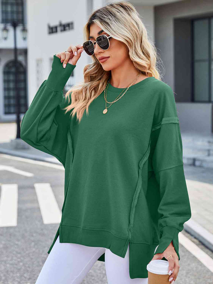 Exposed Seam High-Low Round Neck Sweatshirt |1mrk.com