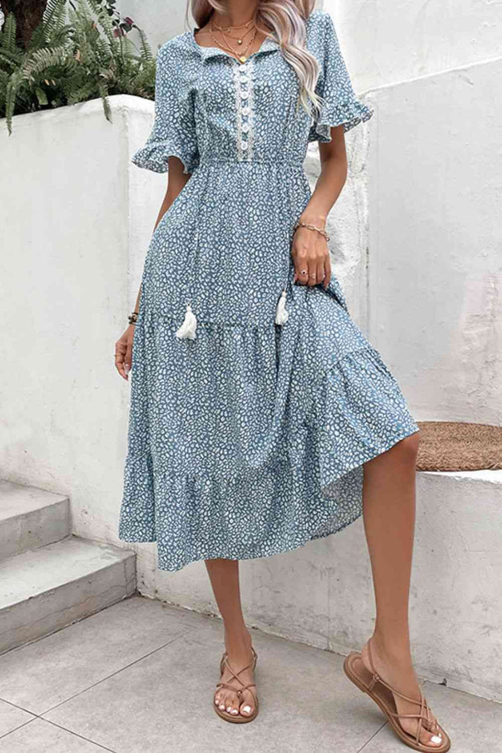 Printed Tassel Tie Flounce Sleeve Dress |1mrk.com