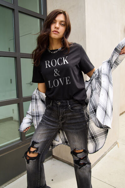 Simply Love Full Size ROCK ＆ LOVE Short Sleeve T-Shirt | Trendsi