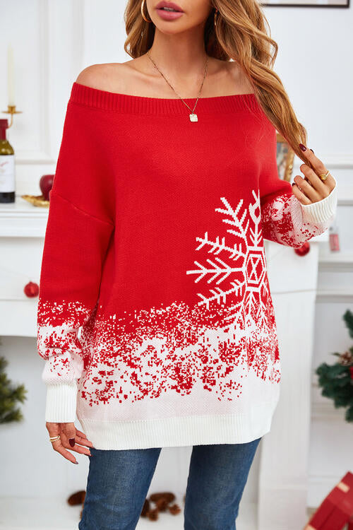 Off-Shoulder Long Sleeve Sweater |1mrk.com