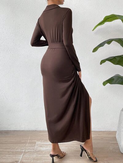 Tied Slit Long Sleeve Wrap Dress |1mrk.com