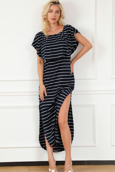 Striped Off-Shoulder Slit Dress |1mrk.com