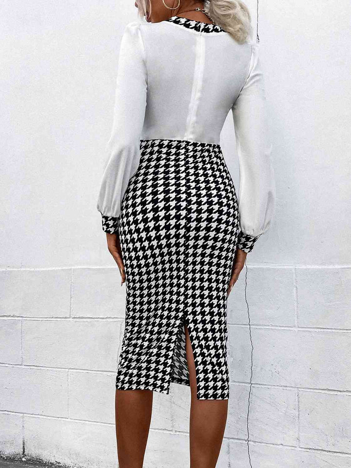 Houndstooth Long Sleeve Slit Dress |1mrk.com