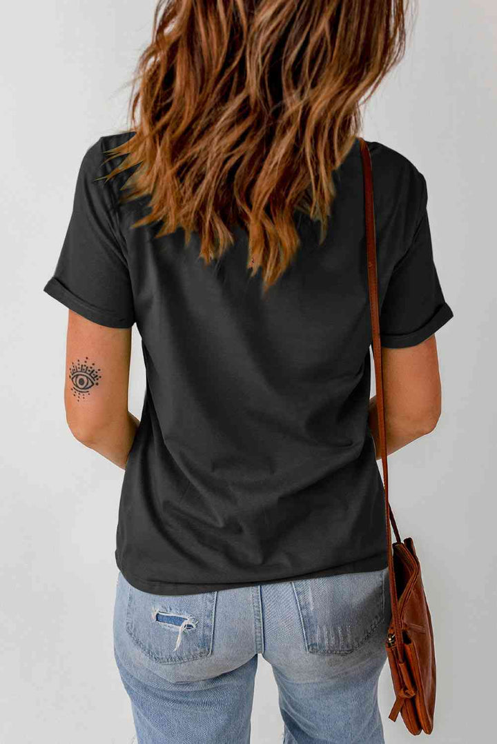 AMERICA Embroidered Round Neck Cuffed Tee Shirt | 1mrk.com