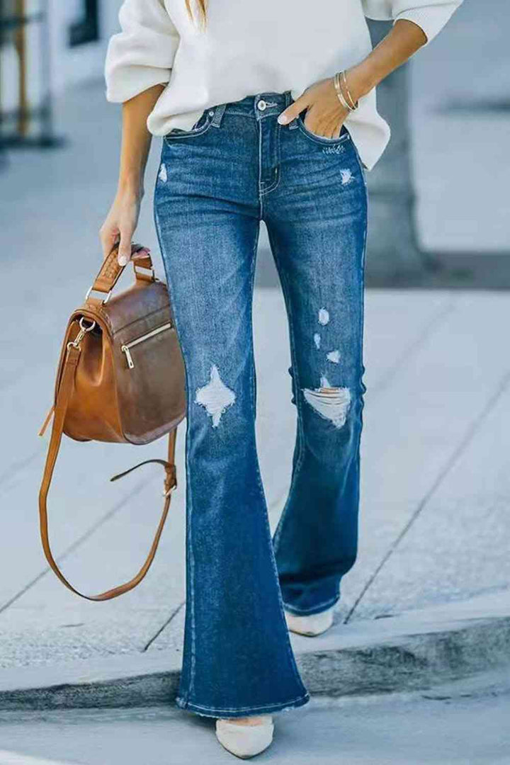 Buttoned Distressed Wide Leg Jeans | 1mrk.com