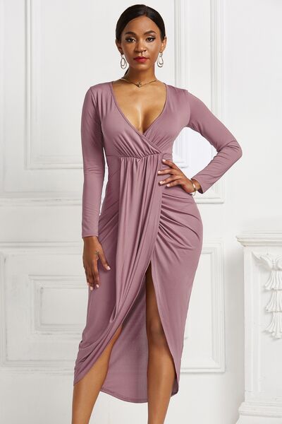 High-low Ruched Surplice Long Sleeve Dress | 1mrk.com